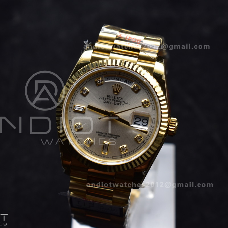 DayDate 36 YG QF Best Edition 904L Steel Silver Dial with Square Diamond on President Bracelet vr3255 V5 (Gain Weight)